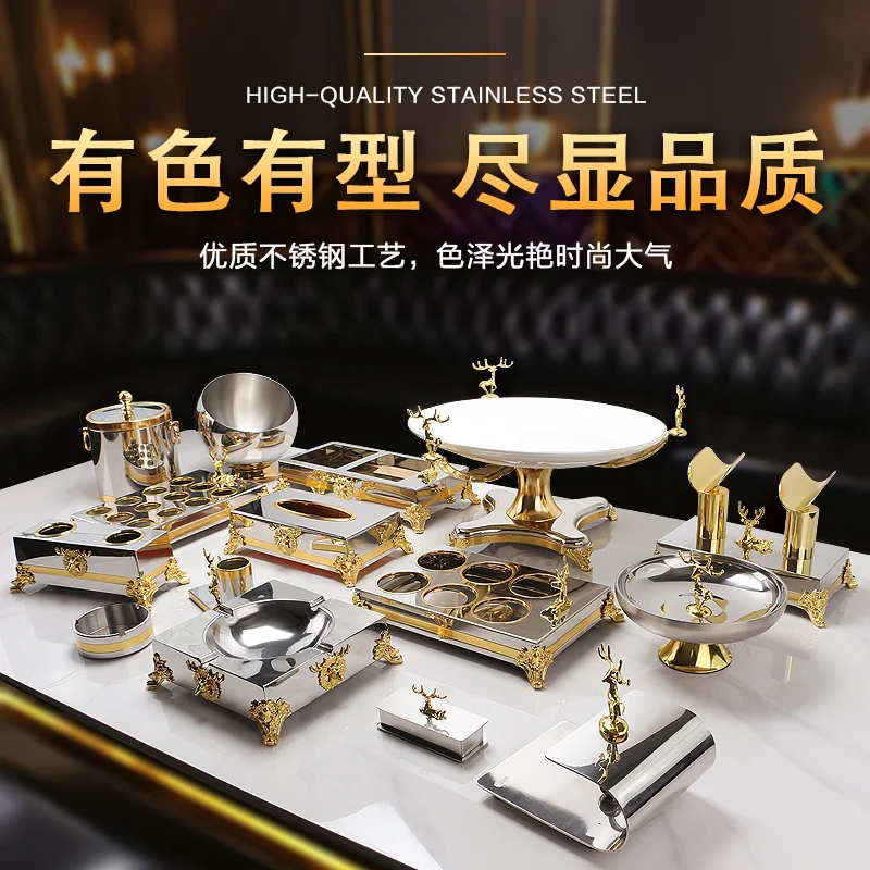 金鹿不锈钢摆台 - 纯白金边陶瓷盘